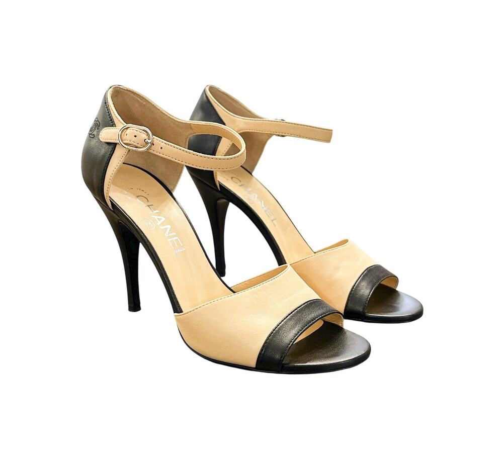 CHANEL Beige & Black Lambskin Open Toe Ankle Strap Heels Pumps Size 37.5